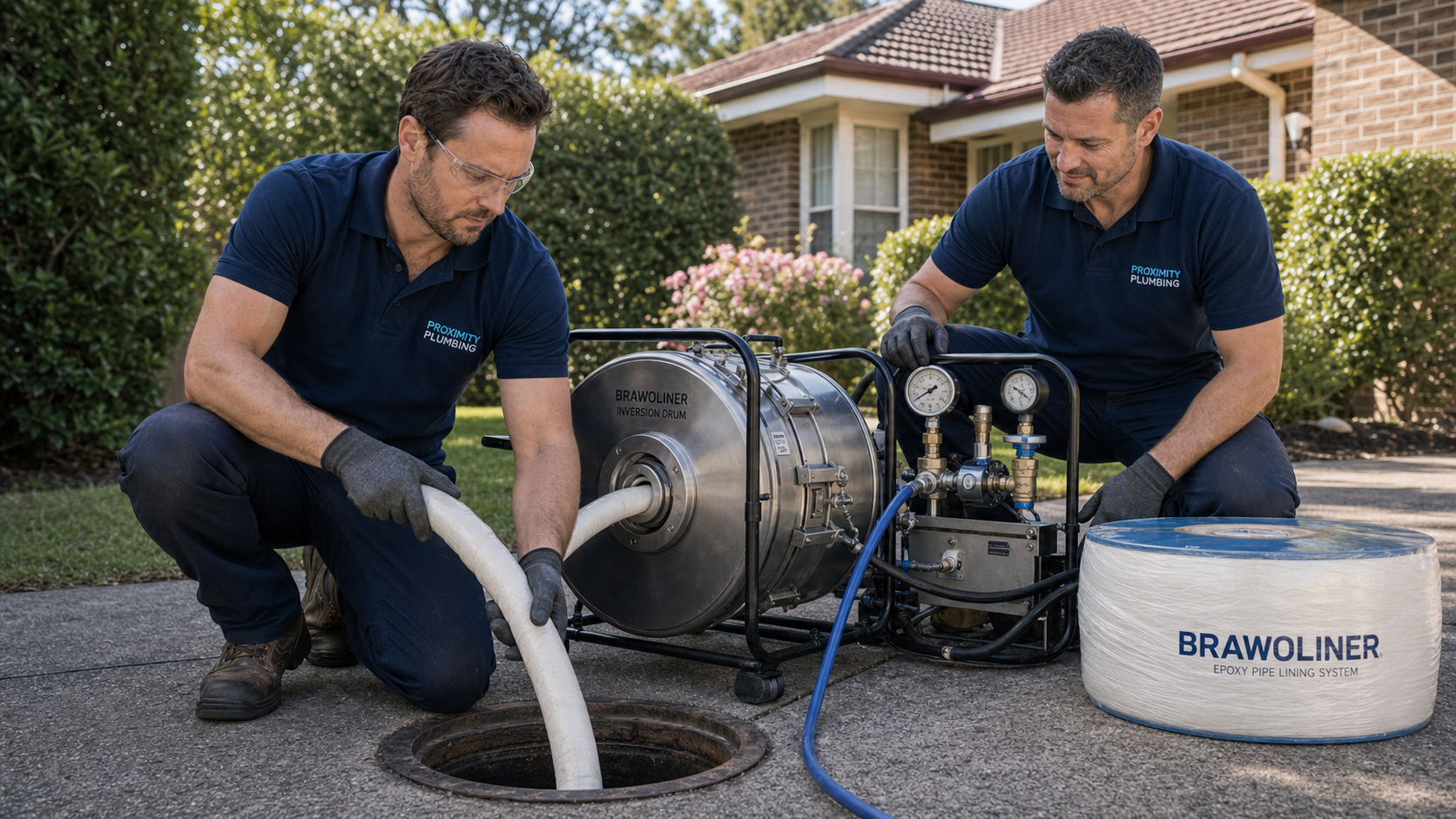 Two Proximity Plumbing technicians installing a Brawoliner CIPP epoxy liner into a Sydney sewer pipe