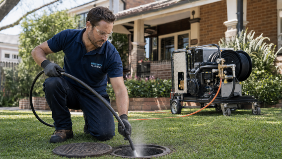 Proximity Plumbing technician operating high-pressure hydro-jetting equipment to clean a sewer line in Sydney